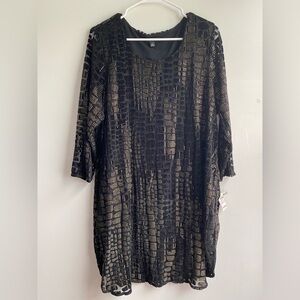 Alfani Plus Size 1X Velvet Burnout Dress Black Gold Metallic Shimmer ¾ Sleeve